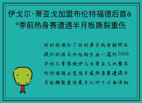 伊戈尔·蒂亚戈加盟布伦特福德后首场季前热身赛遭遇半月板撕裂重伤